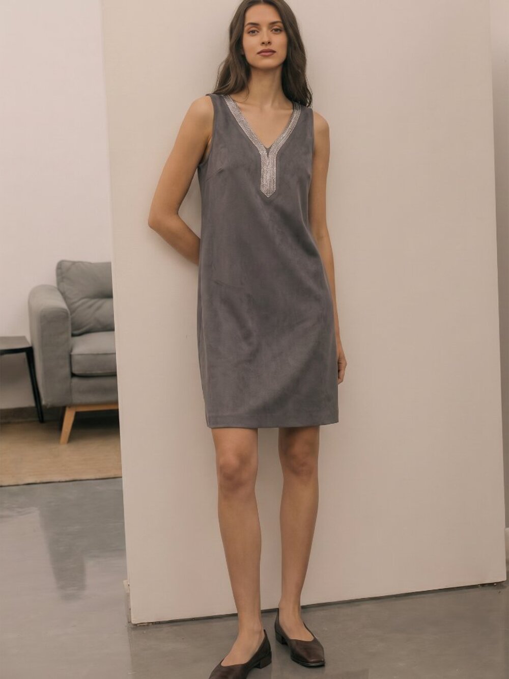 SALINA Sands embellished dress forged iron gray stretch rhinestone sleevless XS